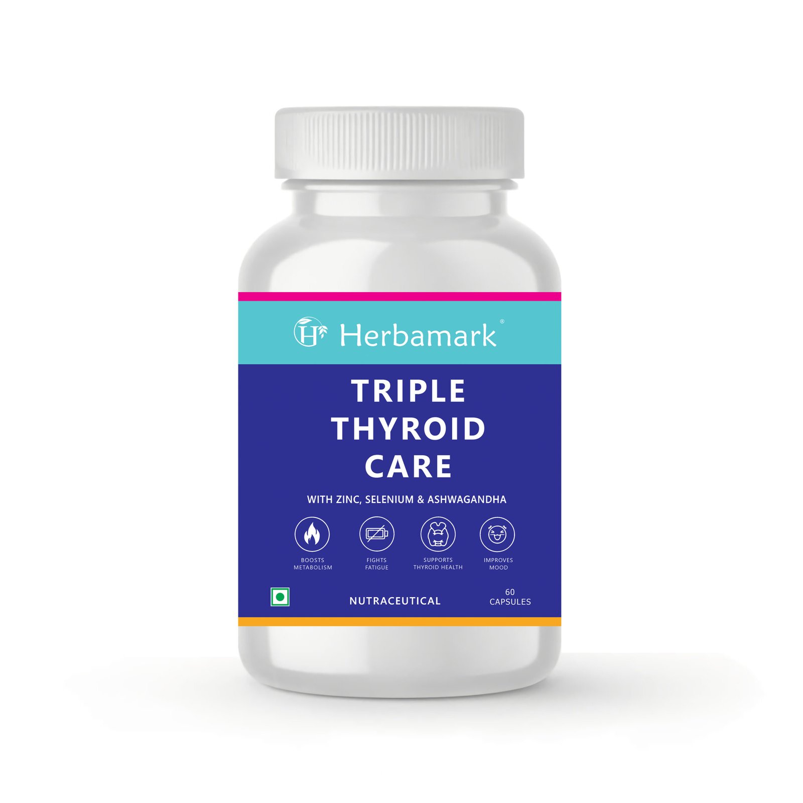 Herbamark Triple Thyroid Care Capsules | Ashwagandha, Iodine, Selenium & Zinc | Supports Thyroid Function, Metabolism & Energy | Hormonal Balance & Fatigue Support | 60 Veg Capsules