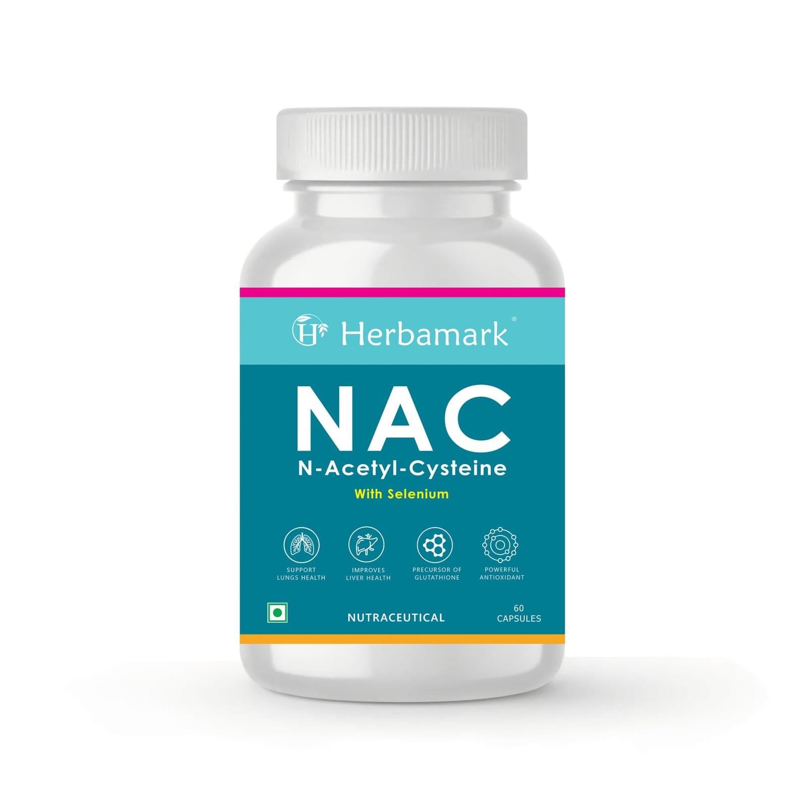 Herbamark NAC (N-Acetyl Cysteine) 600 mg with Selenium Capsules | Powerful Antioxidant & Glutathione Precursor | Liver & Lung Support | Immunity Booster & Detox Support | 60 Veg Capsules