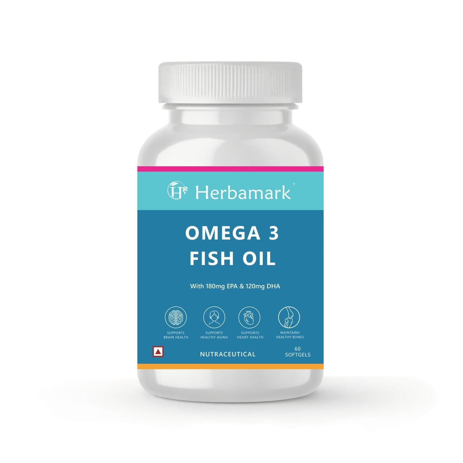 Herbamark Omega 3 Fish Oil 1000 mg Softgels | 700 mg Omega-3 with EPA 180 mg & DHA 120 mg | Heart, Brain & Joint Support | Healthy Aging & Immunity | 60 Softgels